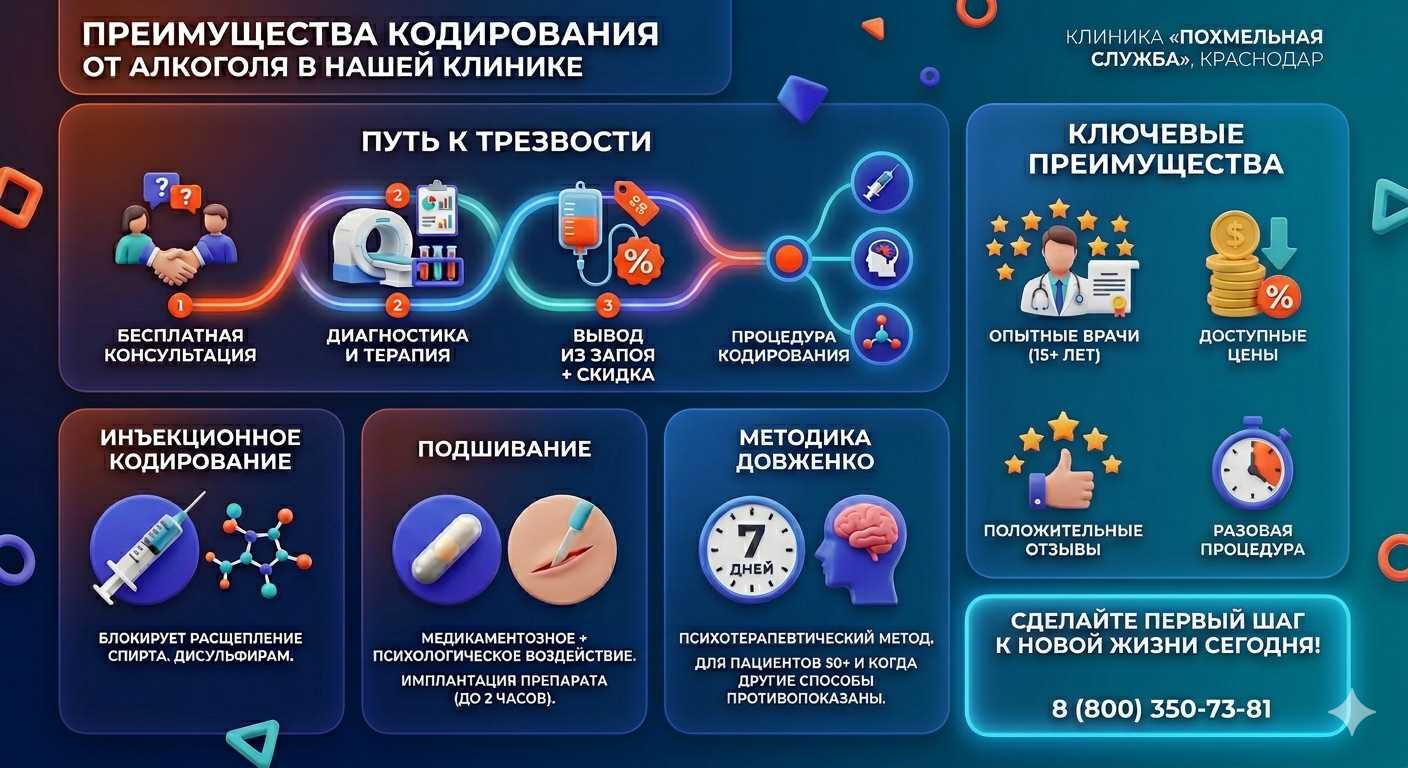 Инфографика о методах кодирования от алкоголя в Красной Поляне: инъекции, подшивание, метод Довженко. Преимущества клиники и этапы лечения.