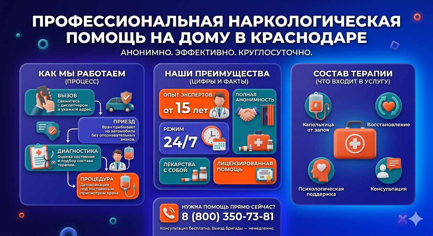 Инфографика о принципах лечения алкоголизма на дому в Красной Поляне: этапы вызова нарколога, преимущества анонимной детоксикации и состав медицинской помощи.
